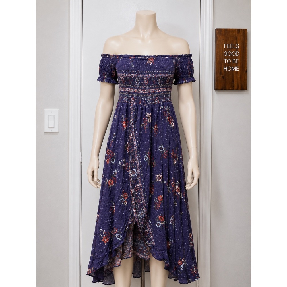 Jaase Small Blue Purplish Floral Boho Off Shoulder Smocked Midi Dress Beautiful